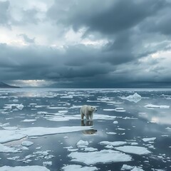 A lone polar bear surrounded by melted ice reflecting a gloomy stormy sky