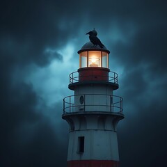 A lone raven perched on a weathered lighthouse maintaining a beacon through a dense stormy night