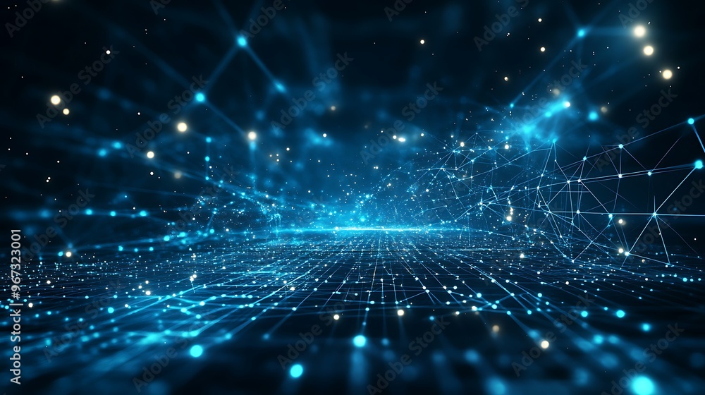 Poster vibrant digital landscape featuring interconnected lights and lines, representing advanced technolog