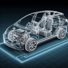 Naklejka premium A line art 3D illustration displays a modern electric car chassis x-ray, revealing the vehicle battery in a studio environment. 