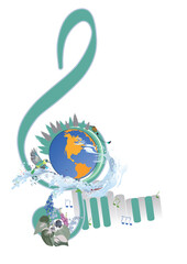 Fototapeta premium Abstract musical design with a treble clef and Planet Earth, colorful splashes, notes and waves. Planet music. Hand drawn vector illustration.
