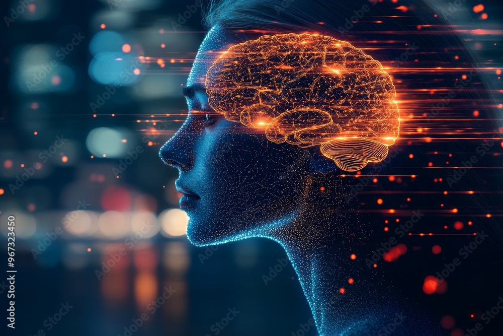Aufkleber artificial intelligence neuroanatomy neural feedback and synaptic connectivity woman with glowing ne