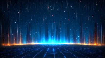 Vibrant digital landscape with glowing lines and dots creating a futuristic atmosphere for technology and sci-fi themes.