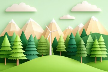 A serene landscape featuring paper-cut mountains, trees, and a wind turbine, combining nature with renewable energy.