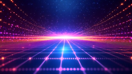 Obraz premium Vibrant digital landscape with glowing lines and dots, emanating energy and depth, perfect for futuristic themes.