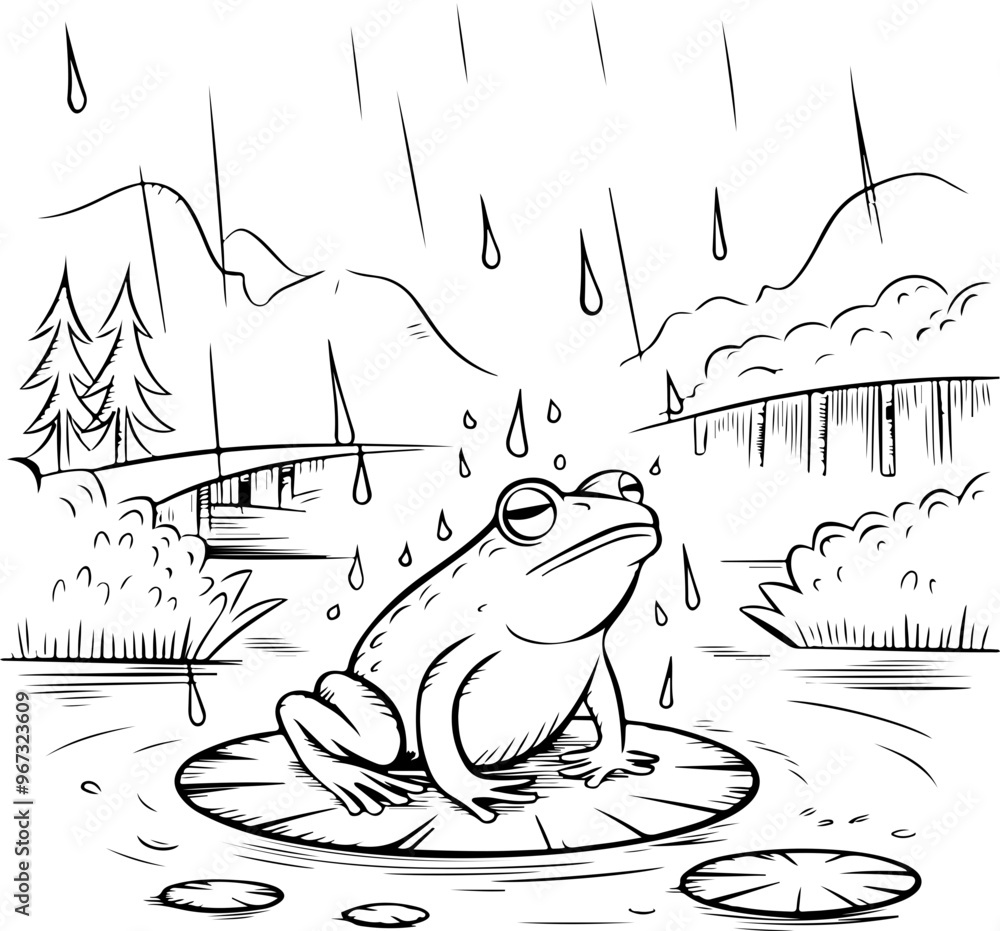 Sticker Sketch of Frog in Rain on Lily Pad