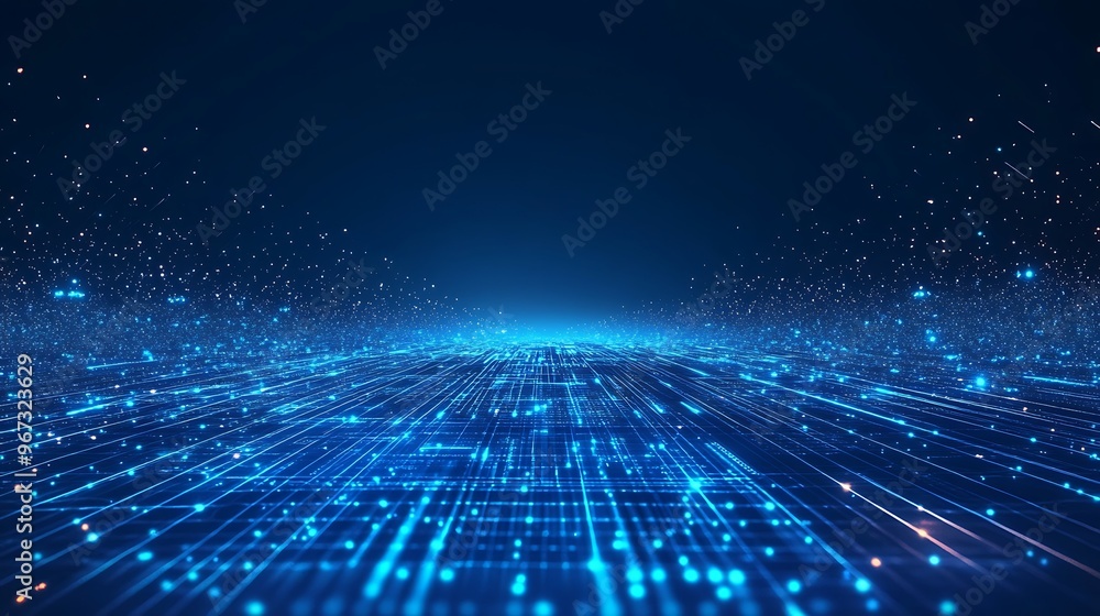 Poster vibrant digital landscape with glowing particles and data streams. perfect for technology and innova