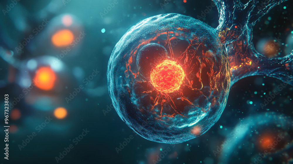 Poster magnified view of glowing cells with vibrant nuclei amidst a blue-green background showcasing cellul