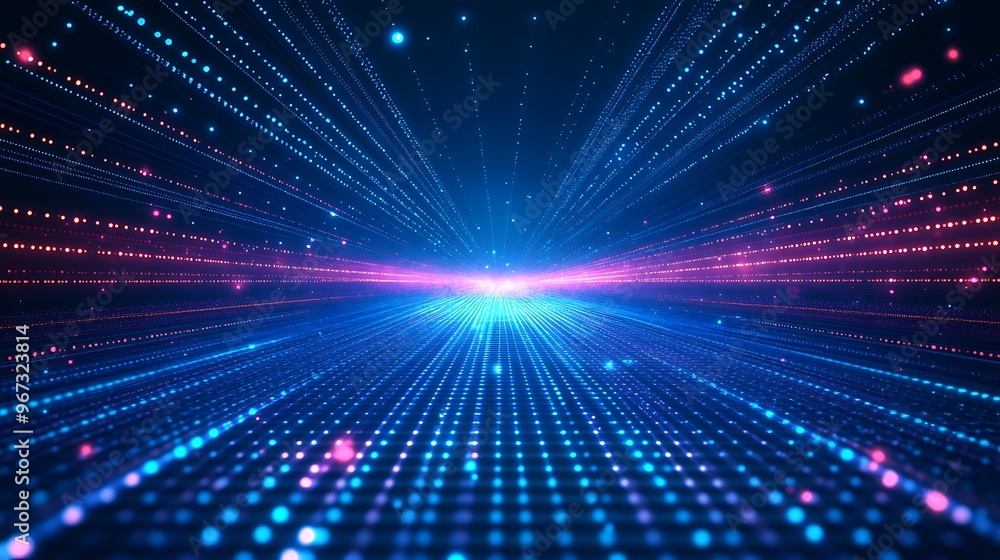 Poster vibrant digital light beams create a dynamic background filled with colorful dots, perfect for moder