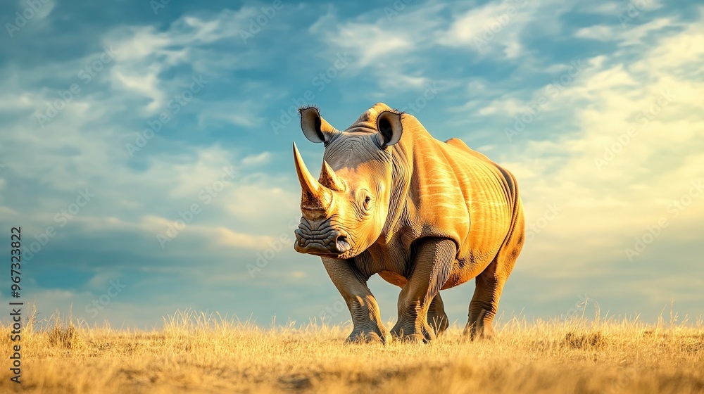Poster a rhino is standing in a field with a cloudy sky in the background