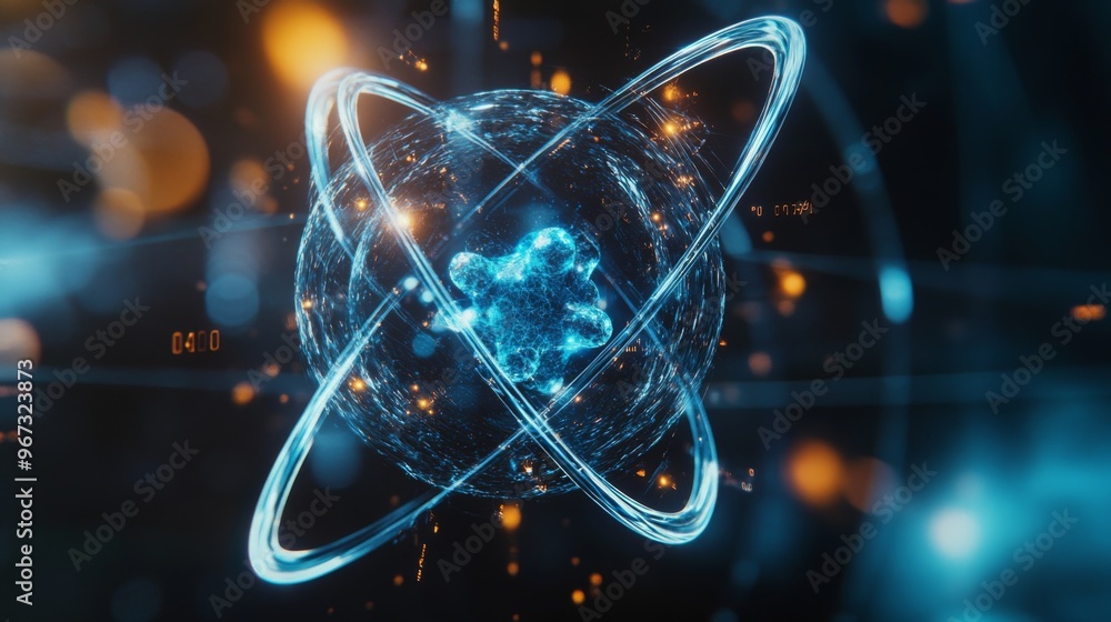 Poster A highly detailed, digital representation of an atom with orbiting electrons and a nucleus, illustrating atomic structure in a futuristic design.