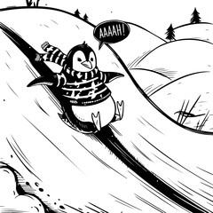 Playful Penguin Sledding on Snowy Hills