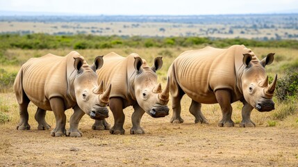 Fototapeta premium Three rhinos are standing in a field