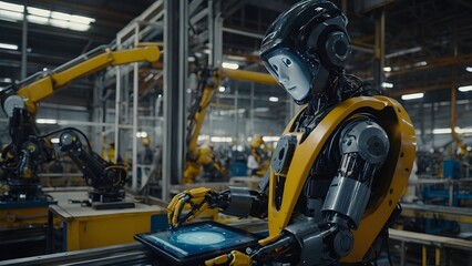 Android technician monitors automated assembly line operations within a modern industrial manufacturing facility for tech articles.