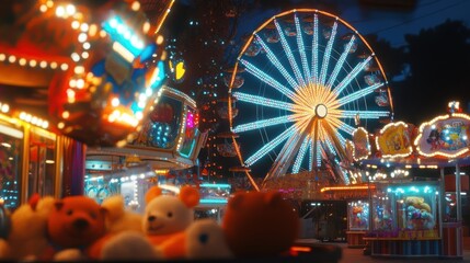 night market. There is a Ferris wheel shining with bright lights, and various rides with colorful lights
