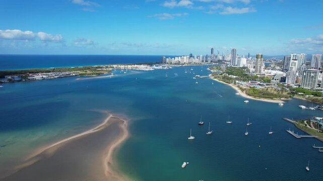 Gold Coast Broadwater On Coral Sea Coast In Southport, Queensland, Australia. drone sideways shot