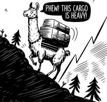 Illustration of a Llama Carrying Heavy Cargo on a Mountain