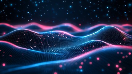 Obraz premium Vibrant digital waves in blue and pink create a mesmerizing, abstract background with glowing particles and starry sky.
