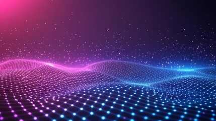 Fototapeta premium Vibrant digital waves with dots in pink and blue, creating a mesmerizing visual effect suitable for backgrounds and tech themes.