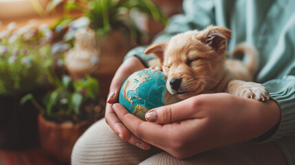 cute puppy hugging around world globe modal in human hands , pet dog , world pet day 