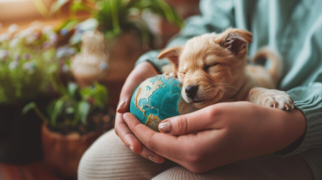 cute puppy hugging around world globe modal in human hands , pet dog , world pet day - Powered by Adobe
