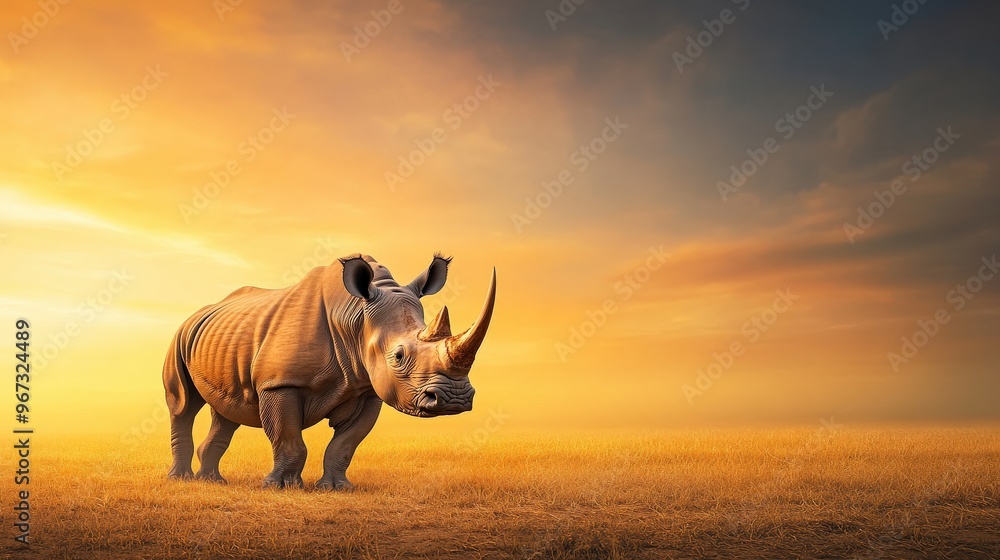 Poster a rhino is standing in a field with a cloudy sky in the background