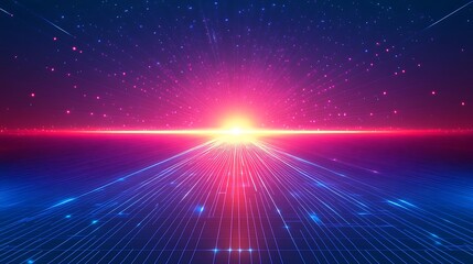 Obraz premium Vibrant sunrise with colorful rays illuminating the horizon, creating a futuristic and energetic atmosphere.