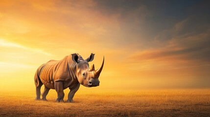 Obraz premium A rhino is standing in a field with a cloudy sky in the background