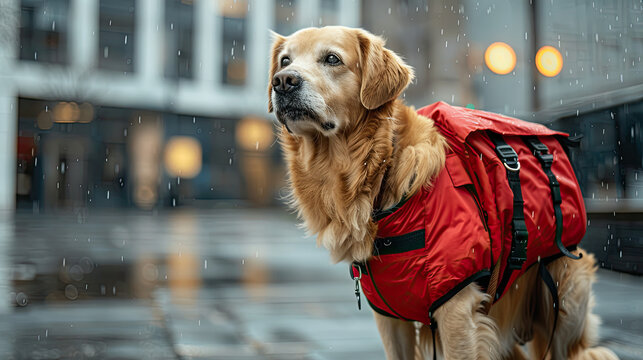 guide dog wearing red jacket , service dog with bluer effect background