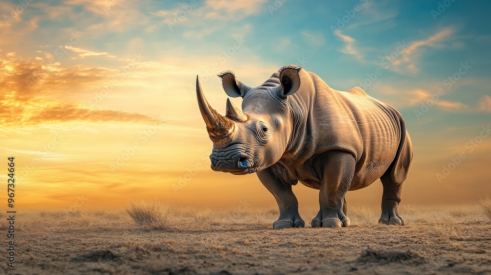 Poster a rhino is standing in a field with a cloudy sky in the background