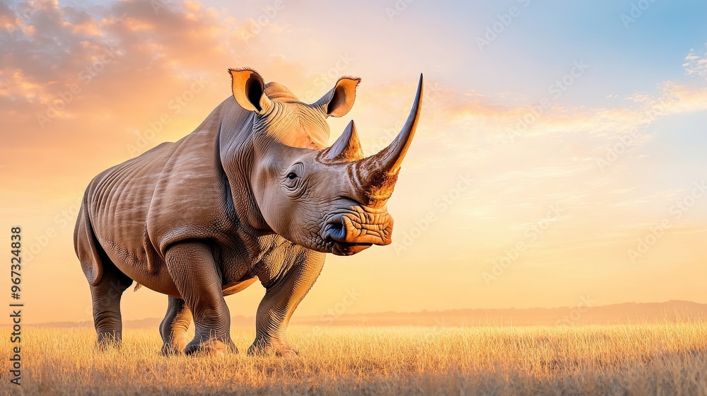 Poster a rhino is standing in a field with a cloudy sky in the background