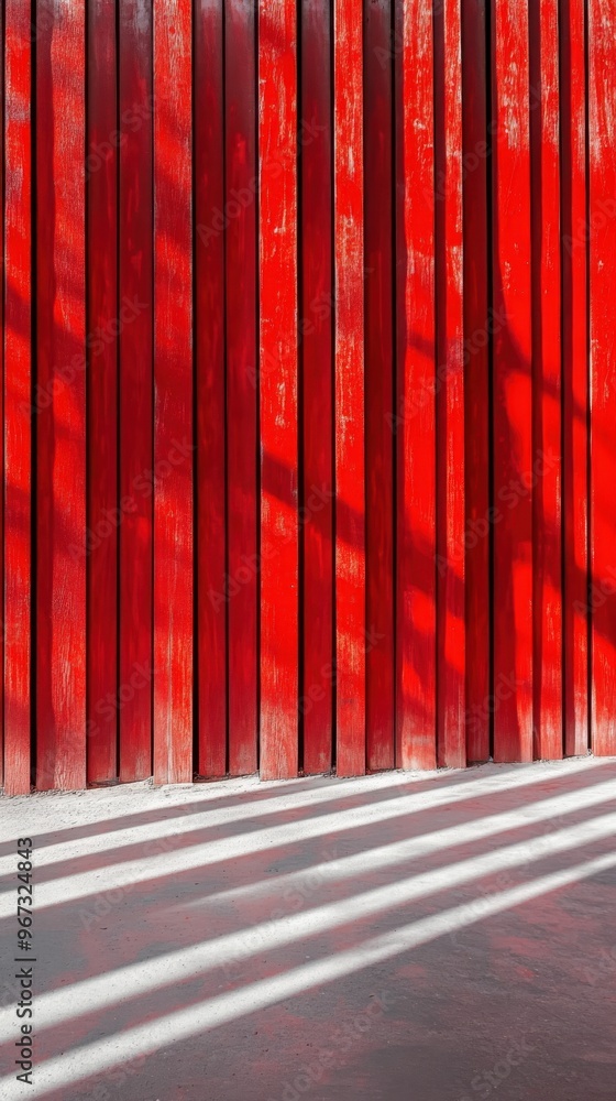 Poster red wall with vertical slats and sunlight shadow creating an artistic pattern in a close-up view sho