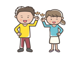 ガッツポーズでやる気満々の若い男女カップルの全身イラスト