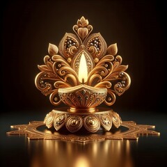 Premium decorated diwali diya, dipawali festival decoration deepak, golden and black elegant theme with darck shiny background surface
