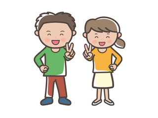 満面の笑顔でピースをする若い男女カップルの全身イラスト