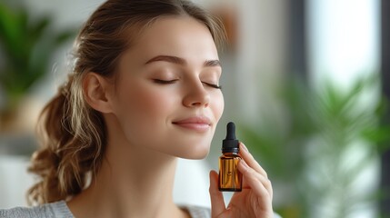 Fototapeta premium A serene young woman enjoying a skincare routine with a dropper bottle in a bright, natural setting.
