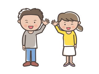元気に挨拶する若い男女カップルの全身イラスト