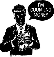 Businessman Counting Money in Black and White Illustration