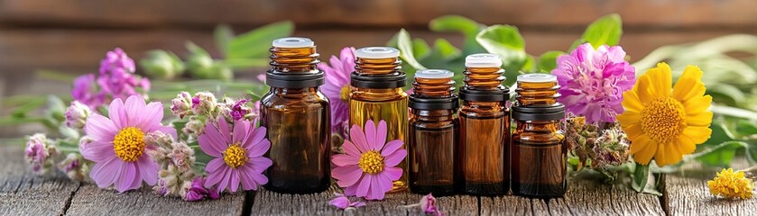 A collection of essential oil bottles surrounded by vibrant flowers on a rustic wooden table, perfect for wellness and natural beauty.