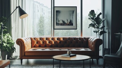 A living room with a comfortable leather sofa paired with a coffee table and floor lamp, creating a sophisticated and functional space.