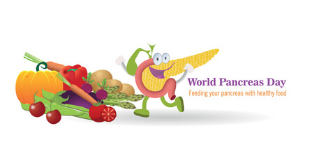 Pancreas feasting on healthy foods on World Pancreas Day. Vibrant illustration of an animated pancreas with a variety of healthy vegetables, promoting a healthy diet on World Pancreas Day.