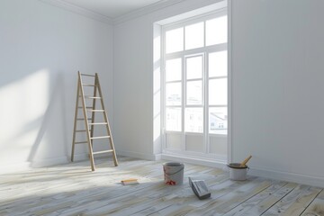 A bright and empty room under renovation with painting supplies and a ladder near a large window.