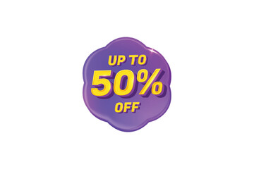 Sale Discount Label. Clover Shape Sale Promotion Stamp. Price Upto 50% Off Tag. Purple and Yellow Sale Label.