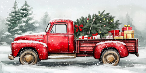 Red Pick Up Truck with Christmas Tree