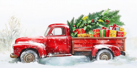 Red Pick Up Truck with Christmas Tree