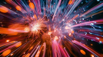 A long exposure shot of a fireworks display with trails of light and vibrant bursts illuminating the night sky.