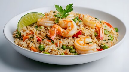 3D illustration of fried rice with mixed vegetables, shrimp, and a sprinkle of fresh basil, garnished with a lime wedge, bright and clean light enhancing the colors, fresh and vibrant mood
