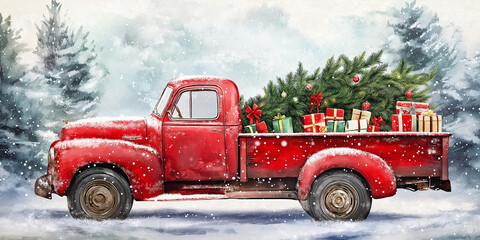 Red Pick Up Truck with Christmas Tree