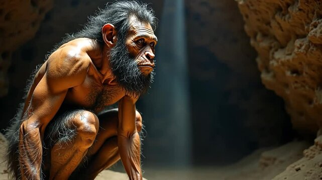 Exploring ancient human ancestors in a cave setting during a tranquil moment of reflection