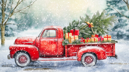 Red Pick Up Truck with Christmas Tree